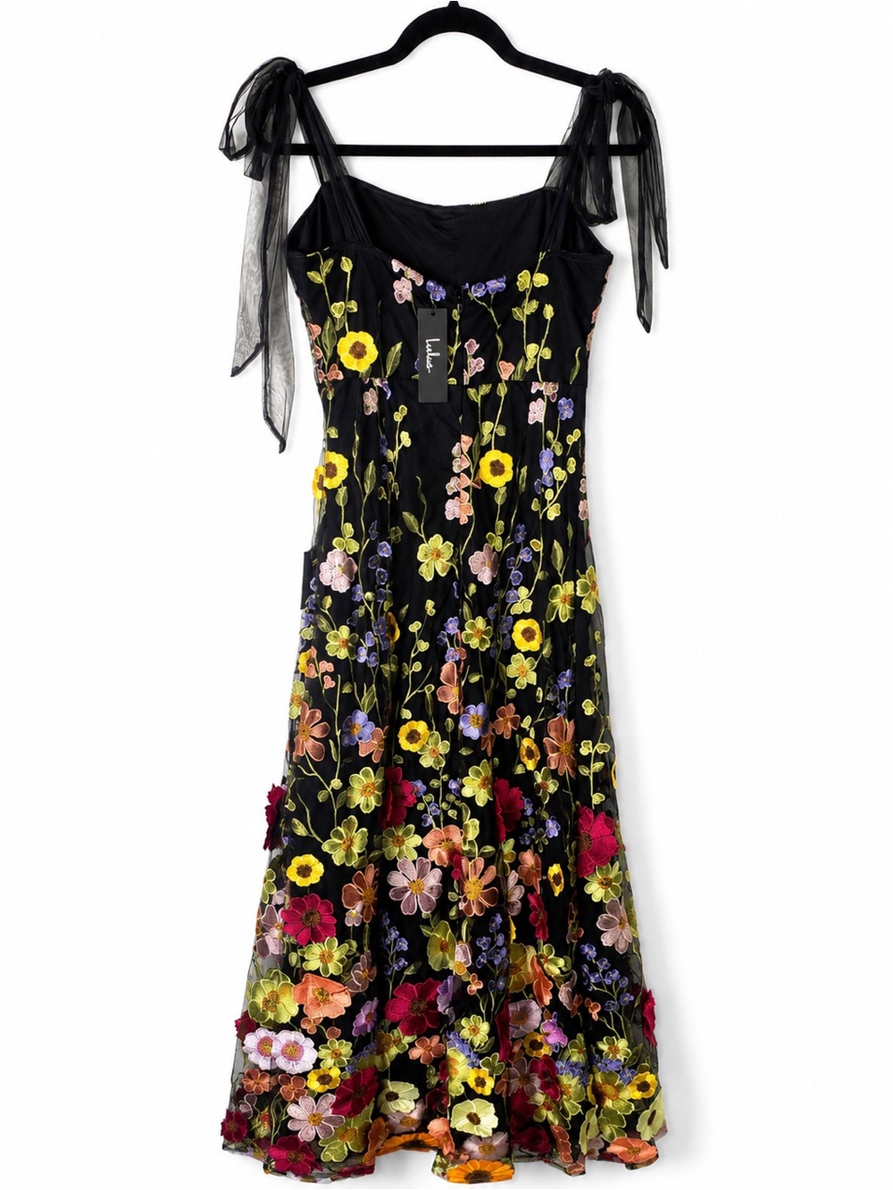 Lulus ✨ Thriving Poise Black 3D Floral Embroidered Tie-Strap Maxi Dress - Picture 8 of 16
